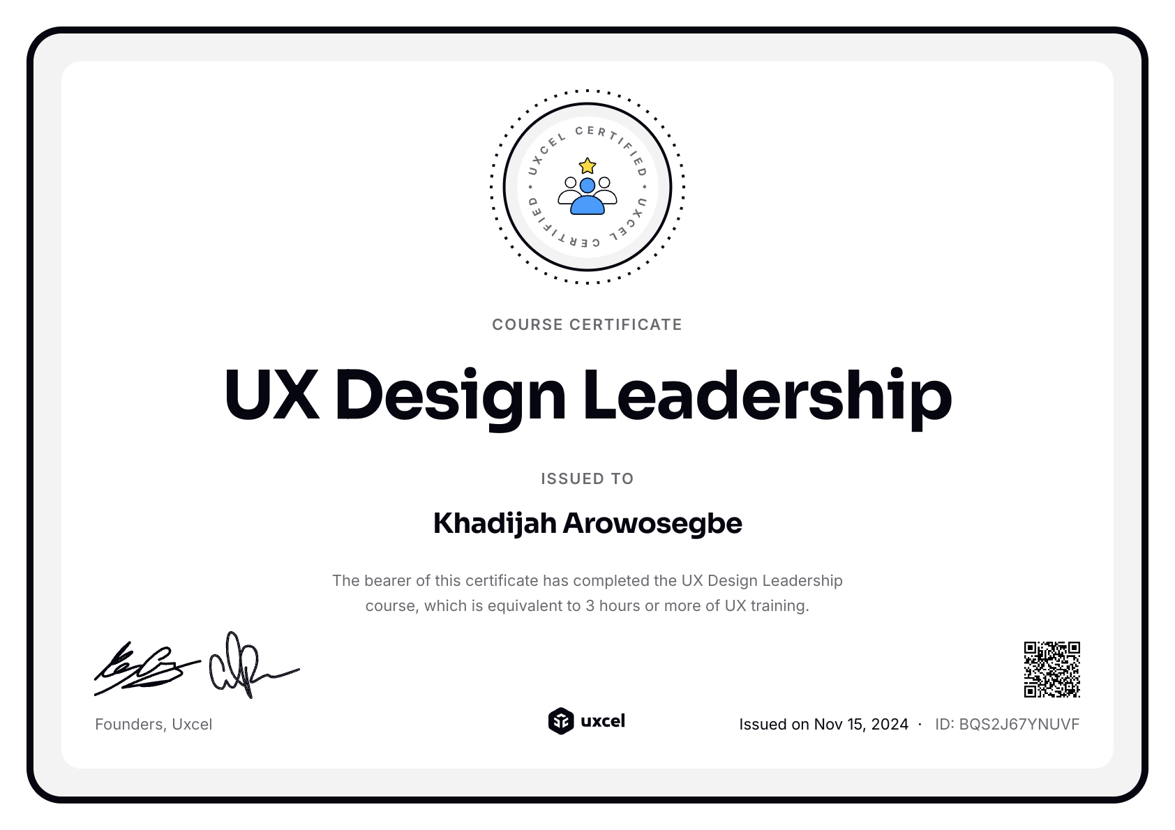 Khadijah Arowosegbe's certificate